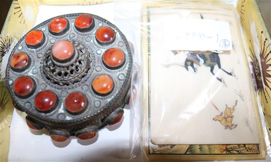 Three Persian miniature paintings and a Carnelian mounted box